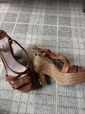 Miu Miu Cognac Leather Espadrille Wedge Sandals with Gold Accent